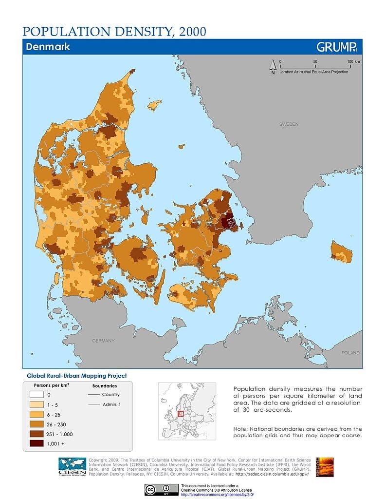 dinamarca densidade populacional mapa
